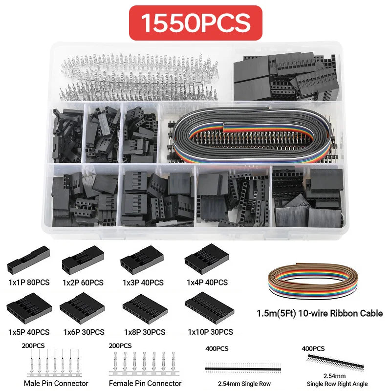 460/1550PCS Micro JST-XH & Dupont Wire Connector Kit 2.54mm – 2/3/4/5/6-Pin Male & Female Pin Header Jumper Cable Housing Adapter Set