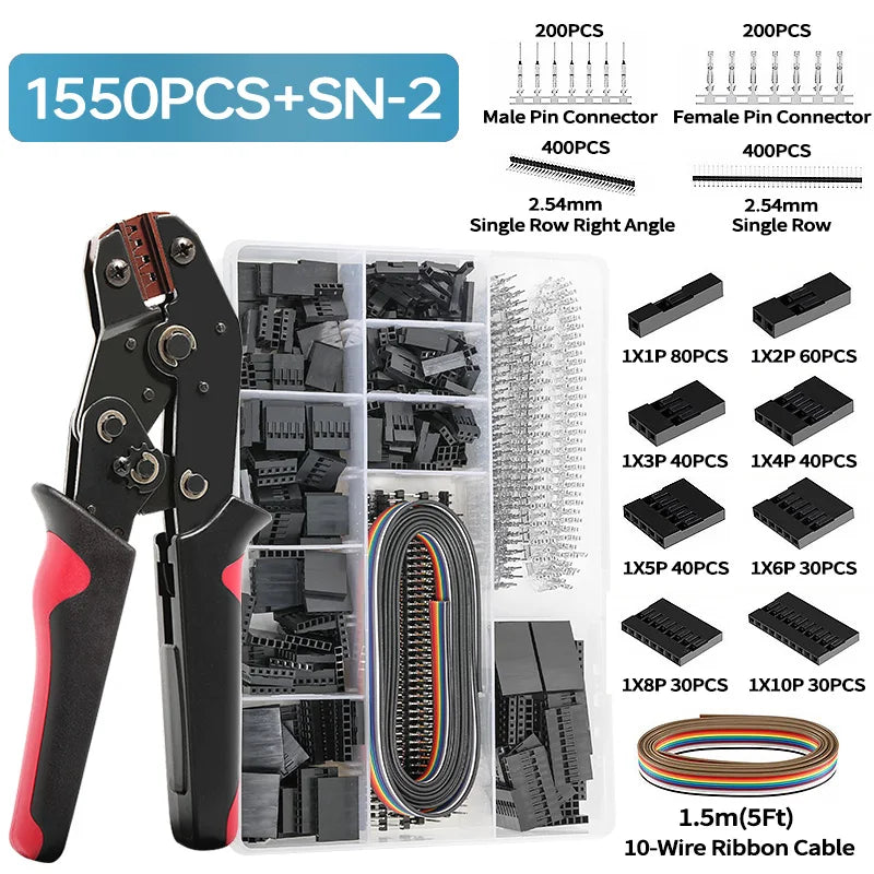 460/1550PCS Micro JST-XH & Dupont Wire Connector Kit 2.54mm – 2/3/4/5/6-Pin Male & Female Pin Header Jumper Cable Housing Adapter Set